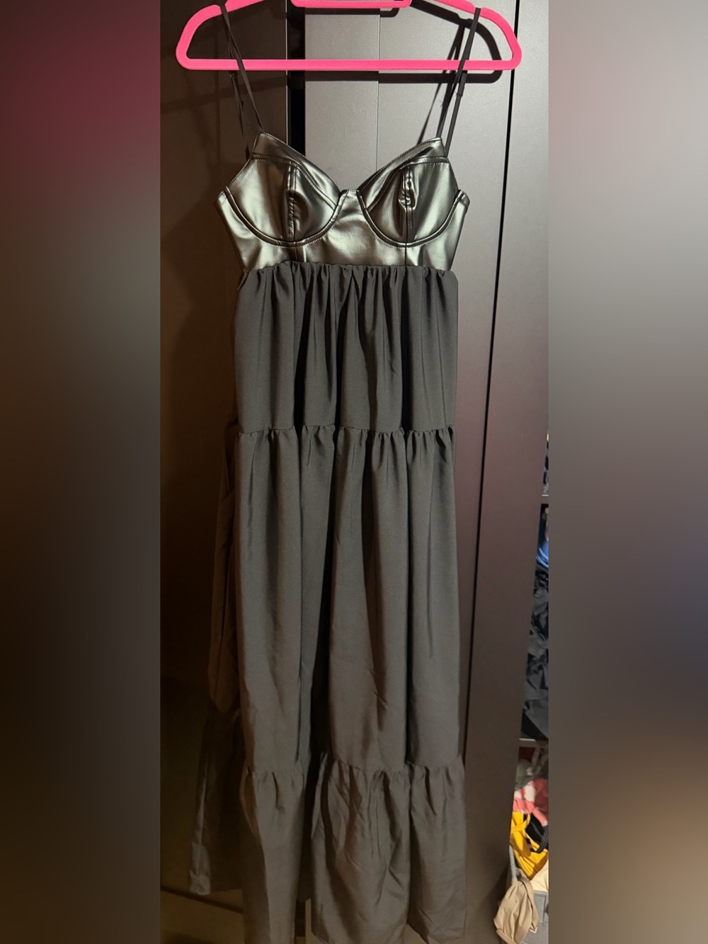 Faux Leather Bust Tiered Maxi Dress in Black
